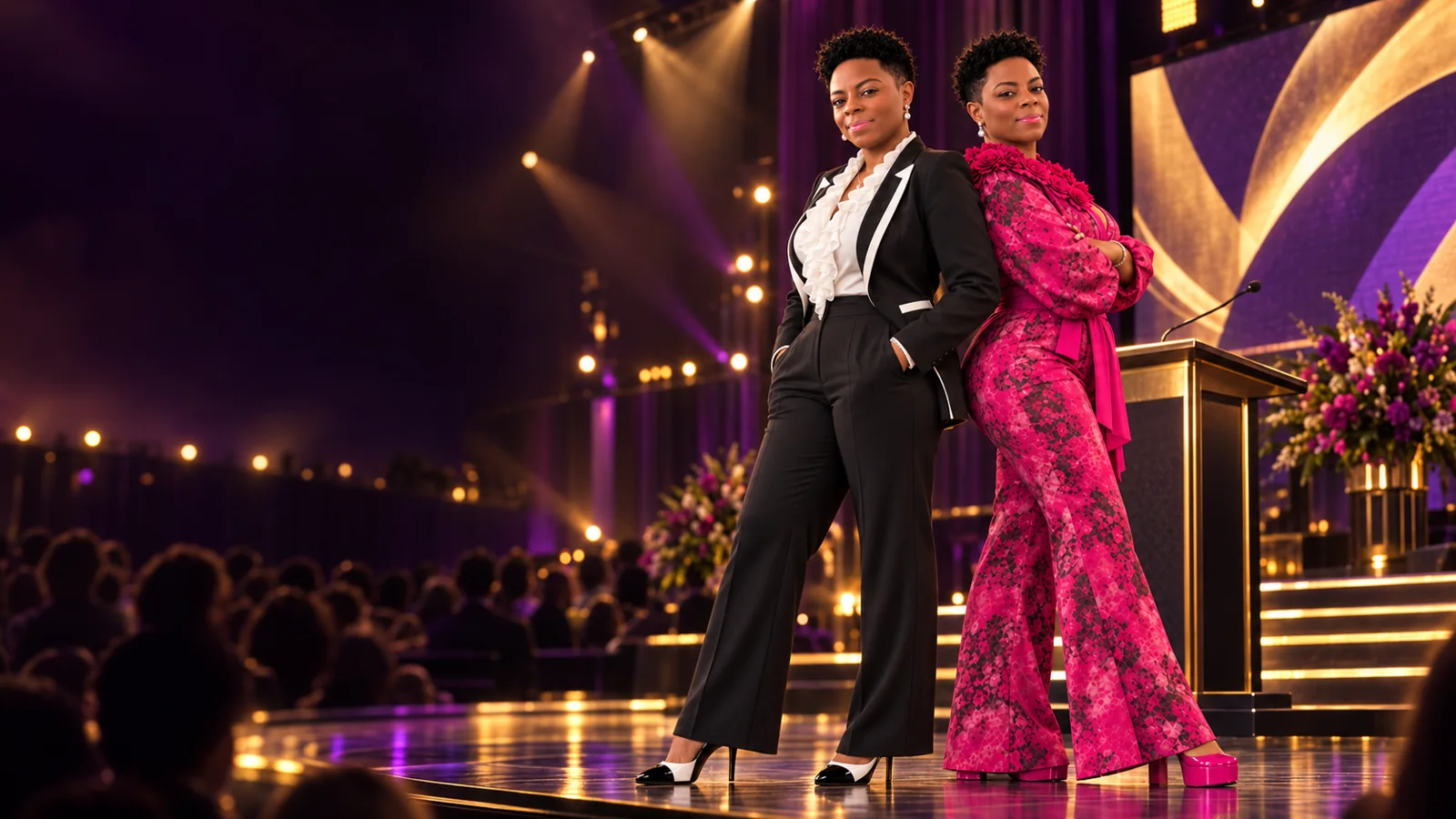 Pastor TJ prepared for speaking engagements in black-and-white and fuchsia formal looks