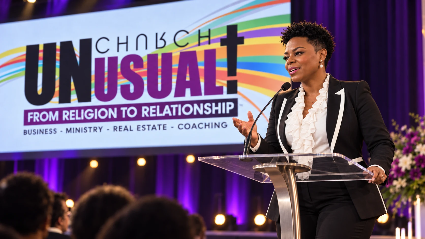 Pastor TJ addressing an audience behind a curved podium with a Church Unusual stage backdrop